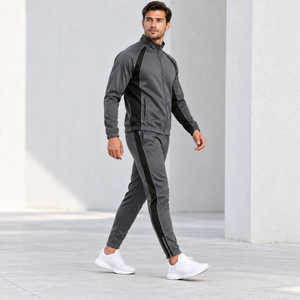 Ensemble de survêtement gris pour homme, fermeture éclair intégrale, col montant, coupe classique, poches latérales, séchage rapide, style sportif, vêtement d'automne, 100 % polyester - Product Image 5