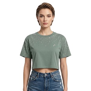 T-shirt court personnalisé avec strass, débardeur vert sauge à col rond et manches courtes, chemise décontractée pour femme, tenue d'été - Product Image 1