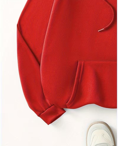 Women Red Hooded Sweatshirt Jogger Set Solid Color Two Piece Tracksuit Casual Regular Fit Full Sleeve Fleece Sportswear - Product Image 4
