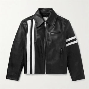 Mens Real Black Leather Jacket Slim Fit Biker Motorcycle Vintage Striped Cowhide <b>Coat</b> Custom Classic Fashion Outerwear Cold Wear - Product Image 3