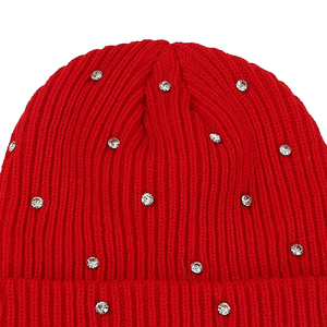 Gorro de Punto Rojo con Decoración de Diamantes de Imitación, Estilo Casual Unisex para Invierno - Product Image 5