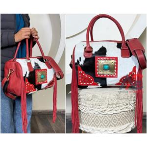 Nouveau sac bandoulière Speedy moyen en cuir véritable, design western, travaillé à la main, avec franges rouges et concho turquoise, sac de voyage en cuir de vachette - Product Image 1