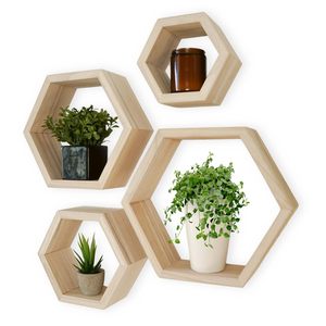 Handmade Hexagon Wooden <b>Floating</b> <b>Wall</b> <b>Shelves</b> Set of 4 Modern Geometric <b>Wall</b> Mounted Display <b>Shelves</b> for Plants Candles Books - Product Image 1