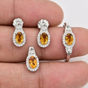 ชุดเครื่องประดับชุบทองโรสเตอร์สีเงิน925พร้อมซิทรีนธรรมชาติและเพชร CZ ทรงรี7x5มม. อัญมณีสำหรับงานเลี้ยงและของขวัญ - Product Image 1