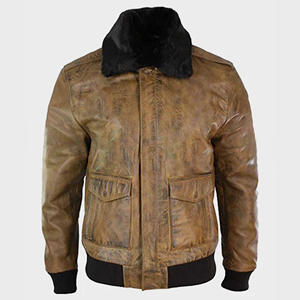 Veste en cuir vintage pour homme, couleur tan, col en fourrure noire, style aviateur vieilli, en cuir de vachette véritable, chaude, pour motard - Product Image 1