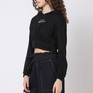 Sweat à capuche court noir pour femme, manches longues, en coton tricoté, décontracté, avec imprimé lettres sur le devant, pour l'automne - Product Image 4