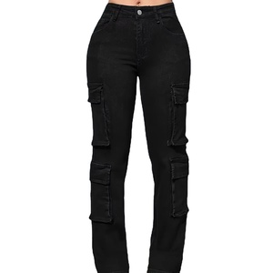 Pantalons de travail pour femmes jeans à jambe droite avec plusieurs poches jambe droite super élastique décontracté rétro taille haute confortable - Product Image 6