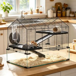 Gabbia Moderna per Piccoli e Medi Animali Domestici, per l'Allevamento di Criceti, Uso Interno ed Esterno, con Motivo Animale, Realizzata in Acciaio, Vetro e Materiale PP - Product Image 5