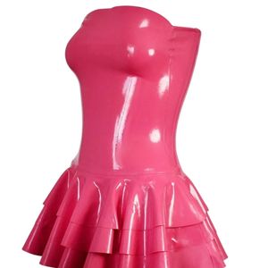 <b>Pink</b> <b>Latex</b> Strapless Mini <b>Dress</b> With Ruffles Fit And Flare Party Wear Summer Style - Product Image 3