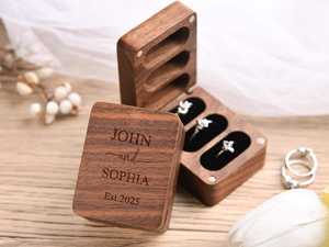 Indian Artist Three Slots Black Walnut Wood Wedding Ring Box Custom Engrave Logo Luxury Packaging Wedding Wooden Ring Boxes By U - Product Image 1
