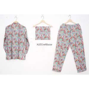 Ensemble de pyjama décontracté de luxe pour femmes, 100% coton, manches longues, imprimé floral numérique, taille élastique, col rabattu, pour le printemps et l'été - Product Image 4