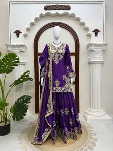 Traje Sharara Azul Oscuro Bordado para Mujer, Ropa India y Pakistaní, Atuendo de Fiesta y Boda con Lentejuelas, Secado Rápido - Product Image 5