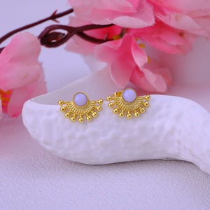 Natural Pink Zircon Stone Stud Earrings Rhodium Plated Handmade Sunburst <b>Fan</b> Design Women's Wholesale - Product Image 2