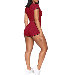 Women's <b>Red</b> Two Piece Shorts Set Sleeveless <b>Crop</b> <b>Top</b> With Drawstring Solid Color Breathable Knitted Spandex Spring Ladies Sets - Product Image 3