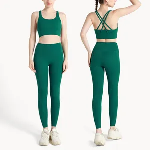 Light <b>Blue</b> Spandex/Nylon Seamless Yoga Leggings Set Women High Waist Full Length Breathable Sports <b>Bra</b> Cross Back Athletic Wear - Product Image 6