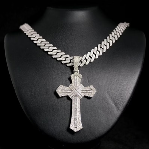 Silver Plated <b>Iced</b> <b>Out</b> Cross Pendant Necklace Moissanite Charm Cuban <b>Chain</b> Hip Hop Jewelry Gift - Product Image 3