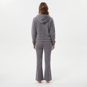 Conjunto de chándal de invierno para mujer con pedrería, sudadera con capucha de canalé con cremallera y estampado de puntos grises, pantalones de chándal acampanados, ropa informal a juego a la moda - Product Image 2