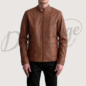 Chaqueta de Cuero Marrón para Hombre, Piel de Oveja Auténtica, Corte Ajustado, Estilo Casual para Otoño e Invierno, Chaqueta de Motociclista con Cuello de Solapa y Cierre de Broches - Product Image 4