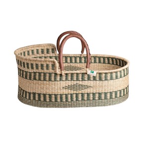 Artisanal olive-toned patterned weave leather handle seagrass <b>changing</b> <b>basket</b> functioning as rattan <b>changing</b> kid <b>basket</b> - Product Image 1