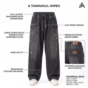 Pantalones vaqueros de hombre de pierna ancha con cintura elástica y parte delantera plana, pantalones cargo de mezclilla unisex de ajuste holgado con cintura media, cordón y bolsillos - Product Image 4