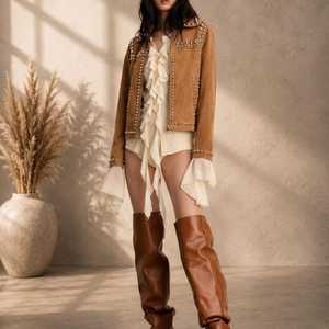 Warm Tan Brown Suede Leather Jacket <b>for</b> Women, <b>Studded</b> Fitted Suede Jacket, Brown Jacket, Embellished Leather Jacket - Product Image 4