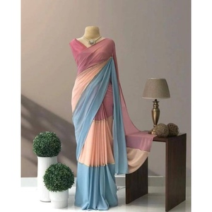 DISEÑADOR GEORGETTE TRABAJO DE IMPRESIÓN DIGITAL SAREE CON BLUSA DESCOSTADA SKY - Product Image 1