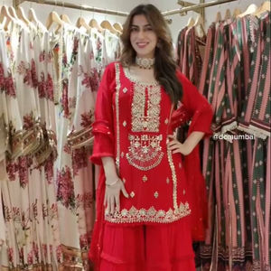 Sharara Salwar Kameez Bordado Premium – Conjunto Kurta Sharara de Faux Georgette con Dupatta de Encaje Elegante, Ropa Étnica - Product Image 2