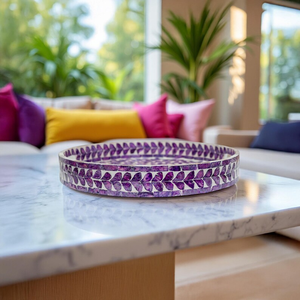 Bandeja Redonda con Incrustaciones de Madreperla Morada, Bandeja para Servir y Mesa de Centro, Decoración con Patrón de Hojas, Hecha a Mano - Product Image 5