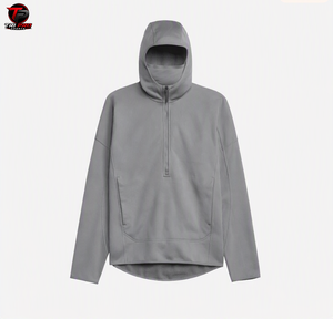 <b>Men</b> Winter Outdoor Solid Grey Quarter-Zip Heavyweight Fleece Polyester Hunting Hoodie Integrated <b>Face</b> <b>Mask</b> Front Kangaroo Pouch - Product Image 1