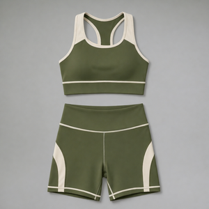 Ensemble de sport 2 pièces pour femme : Soutien-gorge dos nageur et short taille haute, sans couture, vert uni, pour yoga et activités sportives - Product Image 1