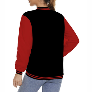 Women's Varsity <b>Jacket</b> Black Red Contrast Color Full Sleeve Stand Collar Comfortable And Relaxed Fit Autumn And Winter Wear - Product Image 6