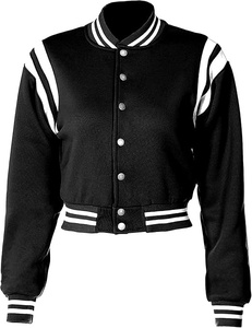 Women Varsity <b>Jacket</b> Black White Contrast Color Full <b>Sleeve</b> Button Up Collar <b>Short</b> Length Autumn Streetwear - Product Image 4
