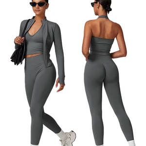 ชุดเสื้อผ้าออกกำลังกายสำหรับผู้หญิงกางเกงขาสั้นสำหรับเล่นโยคะแบบมีซิปแขนกุดระบายอากาศได้ดีดีไซน์ไร้รอยต่อ - Product Image 1