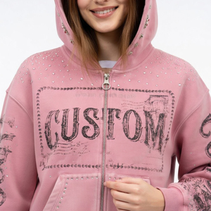 Sweat à capuche zippé personnalisé avec impression par transfert thermique, coupe oversize, effet délavé, respirant, en coton épais 100%, orné de strass, coupe carrée - Product Image 6