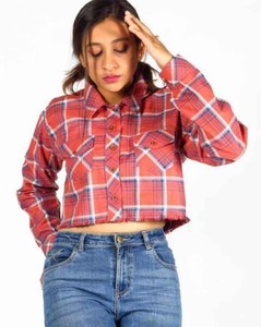 Camisa Corta a Cuadros Azul para Mujer, Manga Larga, Cierre de Botones, Estilo Casual con Bolsillos, Corte Regular, para Todas las Temporadas, Camisa de Franela Tejida - Product Image 2