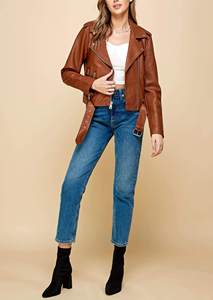 Women's Genuine Leather Moto <b>Jacket</b> Brown Full Sleeve Zipper Closure Slash Neck Belted Design Autumn Style - Product Image 6