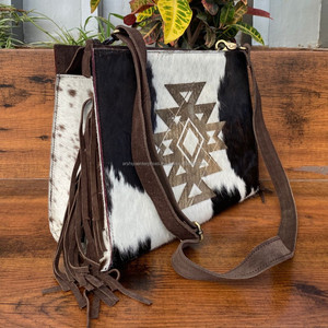 Cheveux faits à la main sur frange en cuir de daim véritable dissimulé transporter sac à bandoulière pour les femmes Western peau de vache Laser en relief sac à main - Product Image 4