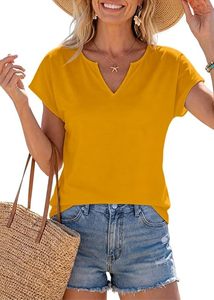 Women's V-<b>Neck</b> Solid Color Cotton Summer Top Casual Short Sleeve Top Blue - Product Image 4