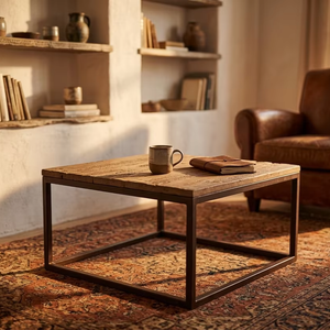 Table basse Zine Square en bois recyclé et métal, éco-responsable, durable, style industriel rustique pour salon et projets hôteliers - Product Image 2