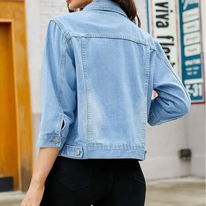 Chaqueta Vaquera Azul Claro para Mujer, Manga Tres Cuartos, Cuello Camisero, Algodón Lavado, Corte Corto, Cierre de Botones, Estilo Primavera - Product Image 4
