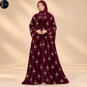 Tela de Terciopelo Color Borgoña Rubí con Adornos Florales de Cuentas y Joyas |   Motivos de Hojas Multicolores Dispersos para Prendas Textiles Elegantes como Abayas - Product Image 1
