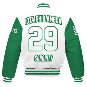 Veste universitaire personnalisée pour femmes Iota Phi Lambda, mélange blanc et vert émeraude, avec lettres, écusson, numéro et année, style bomber - Product Image 6