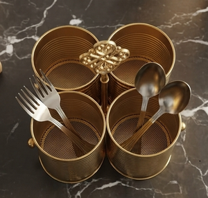 Gold Metal Double Cylindrical <b>Utensil</b> <b>Holder</b> <b>with</b> Decorative Clover Design Kitchen Cutlery Storage Organizer - Product Image 3