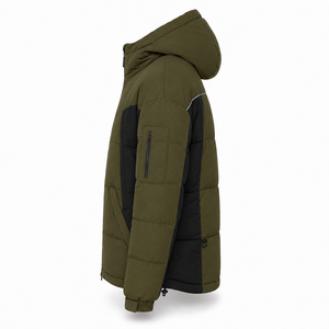 Factory Direct Winter Puffer <b>Jacket</b> Color Block Panels Insulated Hood Custom Embroidery Smooth Black Polyester Lining Outerwear - Product Image 2