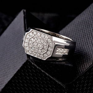 Solid 14k White Gold Natural Diamond Mens Signet Ring Octagon Geometric Pave Cluster Setting Chunky Statement Fine Jewelry - Product Image 1