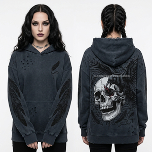 Sweat à capuche surdimensionné pour femme, 400 GSM, gris anthracite, délavé minéral, avec motif crâne de gargoyle à yeux rouges et imprimé ailes sur les manches, style gothique - Product Image 2