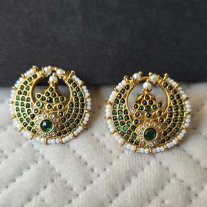 18K Gold Plated Stainless Steel Half Moon Stud Earrings with Zircon and Pearl - Product Image 2