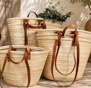 Bolso de Hojas de Palma Marroquí Tejido a Mano, Asas de Cuero, Cesta de Mercado Francesa - Product Image 3