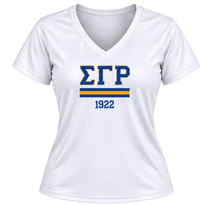 Camiseta de entrenamiento personalizada con cuello en V para mujer Sigma Gamma Rho, top deportivo de manga corta con letras griegas para hermandades, venta al por mayor - Product Image 1