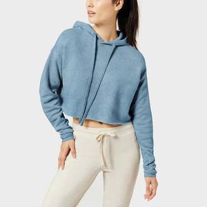 Sudadera Corta con Capucha Azul para Mujer, de Manga Larga, Tejida, de Color Sólido, Informal, Transpirable, sin Forro, para Otoño - Product Image 1